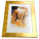 20thC School. Male nude, coloured print, 64cm x 45cm.