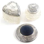 Three items of small silver, a cut glass jar with silver top in the form of a heart, a similar round