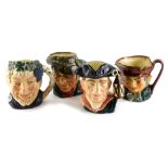 Four Royal Doulton character jugs, a large character jug of The Poacher, Old Charley, Bacchus and Ni