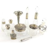 Various silver dressing table items, jars, hobnail cut glass jars, specimen vase, various perfume bo