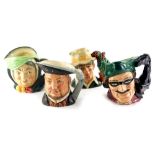 Four Royal Doulton ceramic character jugs, Henry VIII, The Gardener, Dick Turpin and Sairey Gamp.