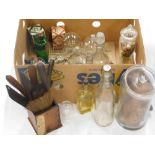 Various glassware, pharmaceutical and other bottles, fly catcher, straw hat dye Macks brand bottle,
