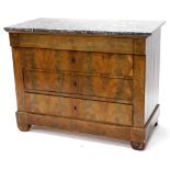 A 19thC French commode, with a grey marble top above four long drawers, on bracket feet, 114cm wide.
