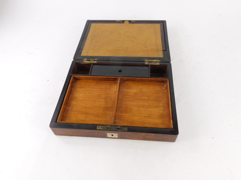 A Victorian and later rosewood writing box, the top with a vacant rectangular mother of pearl cartou - Image 2 of 2