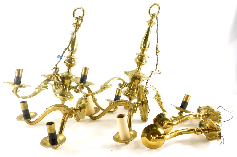 A pair of modern brass three branch chandeliers and similar two branch sconces, 45cm high, etc. (a q