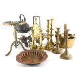 Various brassware, a pair of candlesticks, other early 20thC, a stand, 30cm high, copper and other w