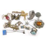 A collection of costume and dress jewellery, to include a bronze monkey brooch, a spider brooch, a f
