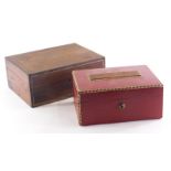 Two workboxes, one later applied with red leatherette and the other with pewter strung banding. (2)