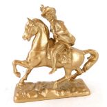 A spelter figure of a gentleman riding a horse in cowboy style, rectangular base, later painted, 15c