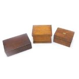 Three wooden boxes, to include a figured walnut box, with vacant cartouche.