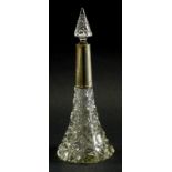 A late Victorian and cut glass perfume bottle, with flame stopper, plain collar and hobnail cut trum