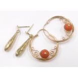 Two pairs of 9ct gold earrings, to include a pair of 9ct gold hoop earrings, each set with single co