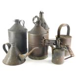 Various vintage oil cans, a cylindrical example, another of tapering circular form, 18cm high, blow