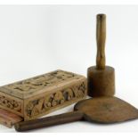 A 19thC beech paddle stamped M.S.P, a turned mallet and a ballot box. (3)