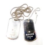 Two identity tags, stamped Gucci 925, 53.6g all in, boxed.