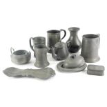 Various pewter mainly early 20thC, to include Baronial, a Baronial vase partially stood in hammered