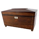 A 19thC and later rosewood and boxwood strung tea caddy, the hinged lid enclosing a fitted interior