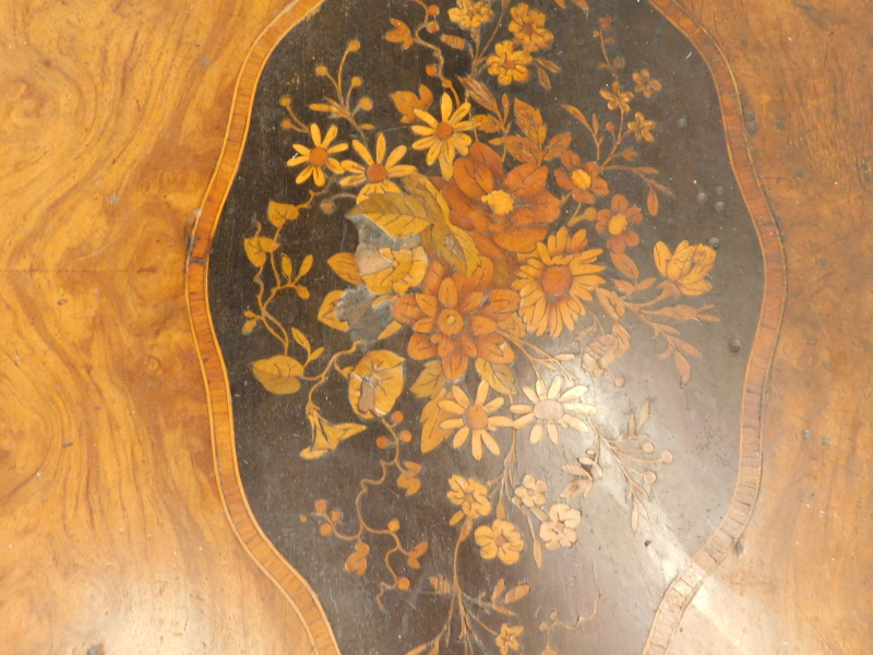 A 19thC walnut library table in French style, the shaped rectangular top with a central marquetry ca - Image 2 of 2