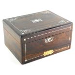 A rosewood and mother of pearl inlaid box, of rectangular form, the hinged lid revealing a leather s