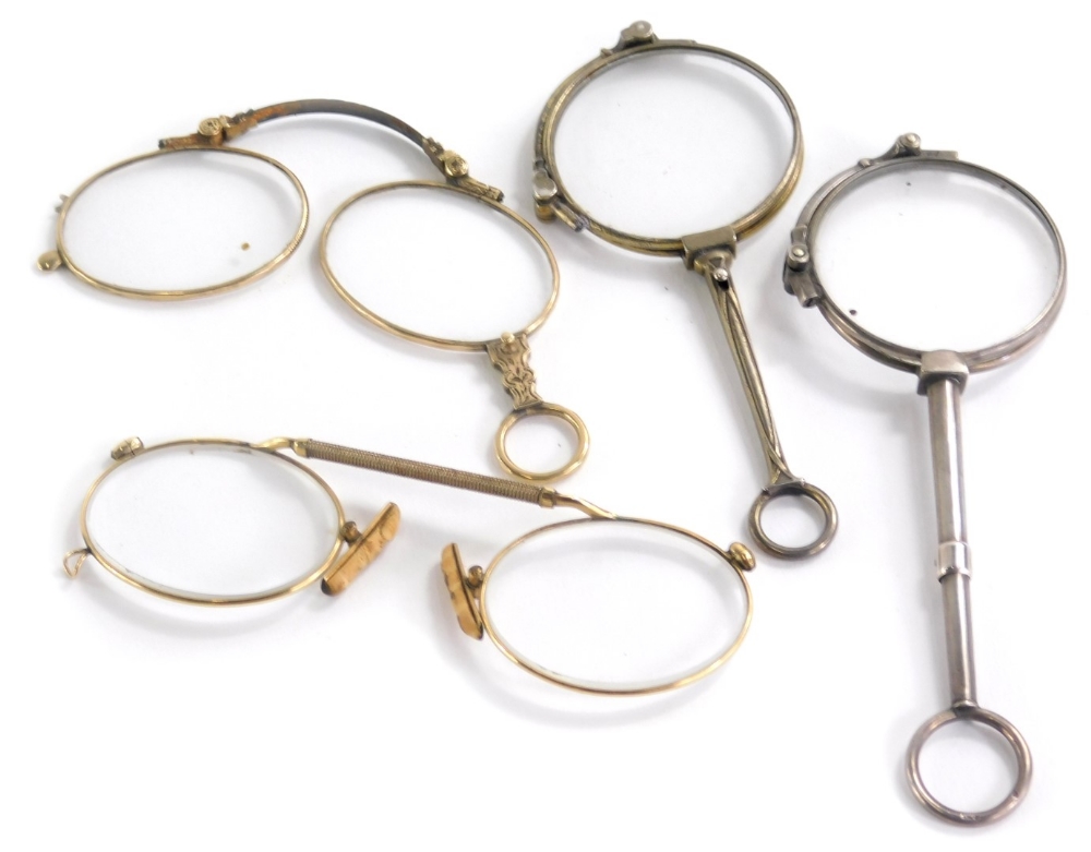 A small collection of lorgnette, to include three examples, each with gold coloured metal frames and