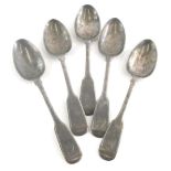 A set of five George IV silver teaspoon, fiddle back pattern with plain bowls, initialled, London 18