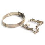 A silver gate bracelet and bangle, the hinged bangle with half etched floral design, with safety cha