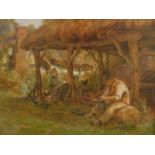 Jacob Brooks (b.1877-?). Figures in thatched barn before thatched cottage, watercolour, signed, 54cm