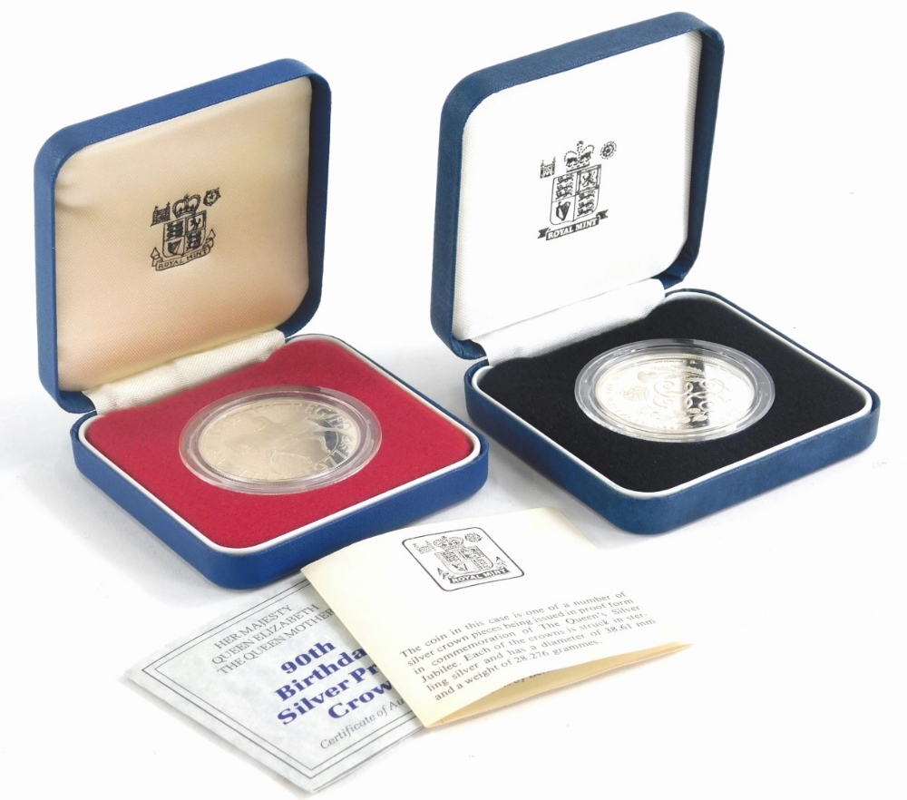 A 90th Birthday Queen Elizabeth The Queen Mother silver proof coin, and another similar. (2)