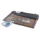A Chinese hardwood and mother of pearl inlaid tray or plaque, decorated with flowers, leaves and a c