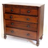 A Victorian mahogany chest of drawers, with two short and three long drawers, each with turned eboni