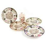 A collection of four Masons ironstone Christmas plates, and Masons ironstone Pailsey pattern tea cad