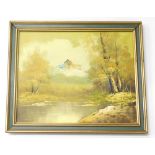 Janson. Continental river landscape with mountains, oil on canvas, 39cm x 50cm.