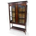 An Edwardian mahogany marquetry display cabinet, the top with a moulded cornice with two astragal gl