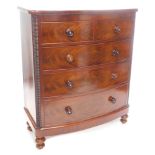 A Victorian figured mahogany bowfronted chest of drawers, with a plain frieze above two short, three