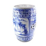 A late Chinese porcelain blue and white seat, decorated with landscapes, flowers, leaves, etc., 45cm