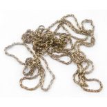 A Victorian gold plated watch chain, with elongated links and single clip clasp, 78cm long overall.