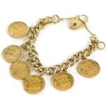A yellow metal curb link bracelet with 9ct gold lock, set with six full gold sovereigns for 1897, 18