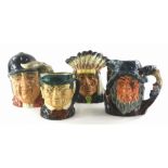 Four Royal Doulton character jugs, Rip Van Winkle, Mr Pickwick, North American Indian and Gone Away.