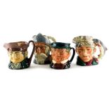 Four large Royal Doulton character jugs, The Poacher, Mr Pickwick, Don Quixote, and Old Charley.