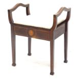 An Edwardian mahogany and marquetry piano stool, with padded hinged lid.