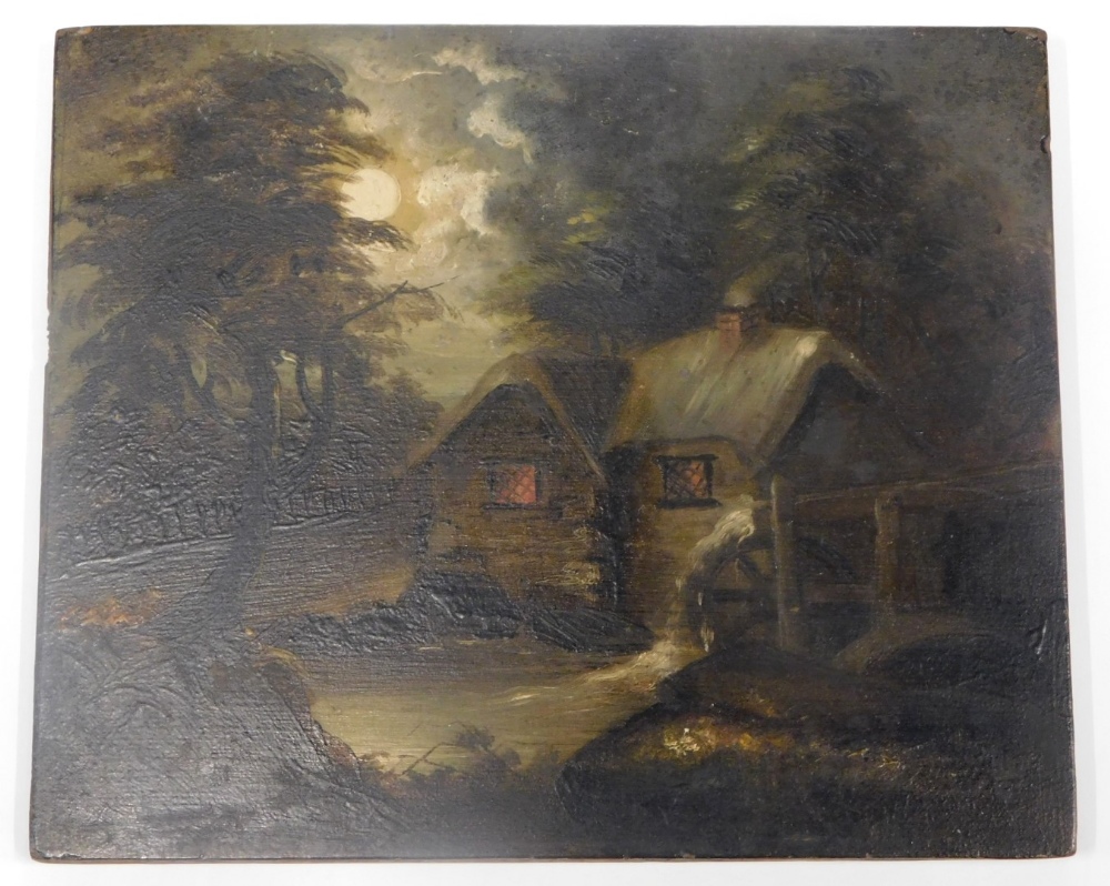 19thC School. Cottage in a twilight evening, oil on panel, unsigned, 16cm x 19cm.
