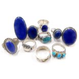 A group of silver dress rings, each stone set in design some with lapis and others. (10)