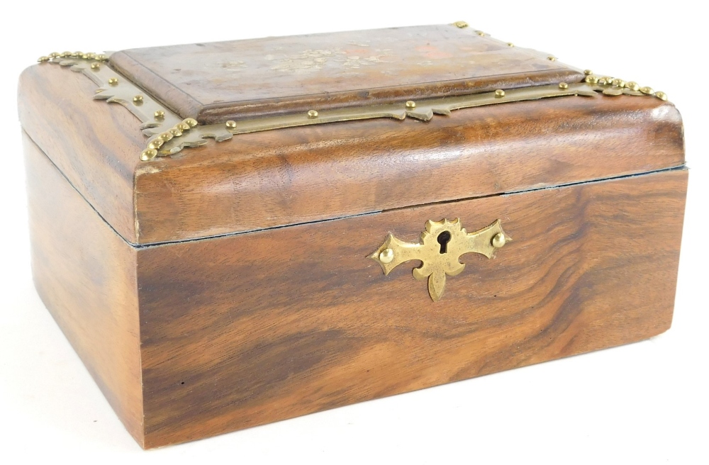 A 19thC and later partially painted and brass inlaid domed top jewellery casket, with a velvet lined