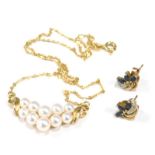 Two items of jewellery, to include a pair of 9ct gold floral scroll earrings, each set with cz and b