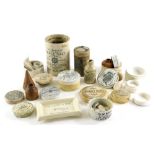 Various 19thC and later stoneware paste jars, pot lids, etc., to include Dewsbury and Brown, 8cm dia