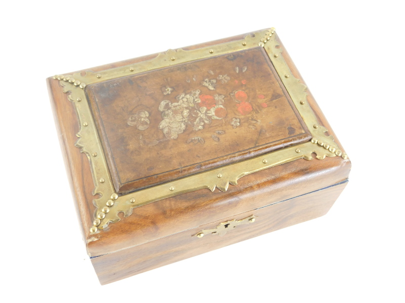 A 19thC and later partially painted and brass inlaid domed top jewellery casket, with a velvet lined - Image 2 of 2