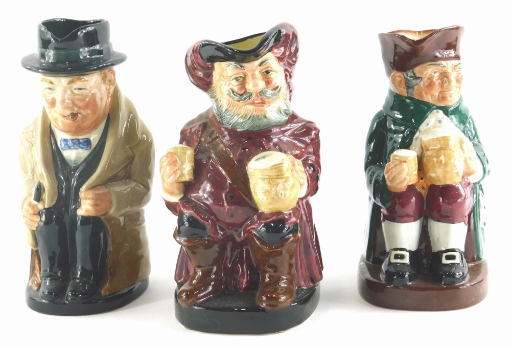 Three Royal Doulton Toby jugs, Sir John Falstaff, Winston Churchill and Old Charley.