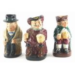 Three Royal Doulton Toby jugs, Sir John Falstaff, Winston Churchill and Old Charley.
