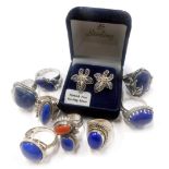 A group of silver and other dress rings and jewellery, each stone set, a pair of filigree design flo