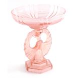 A mid 20thC Art Deco glass centrpiece, the centre formed as a lady in flowing robes in pink, on a st